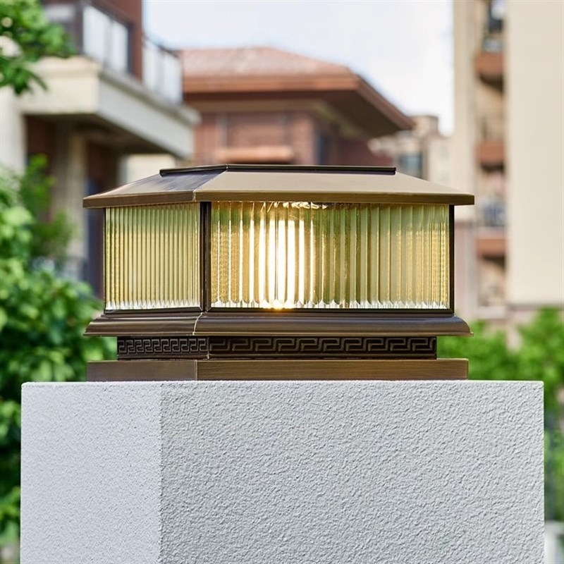 全铜别墅柱头灯户k外防水门柱灯庭院围墙免布线太阳能灯花园柱子