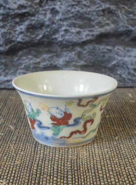仿古瓷器 复古做旧明成化风格 斗彩婴戏纹马蹄杯 古董古玩收藏品