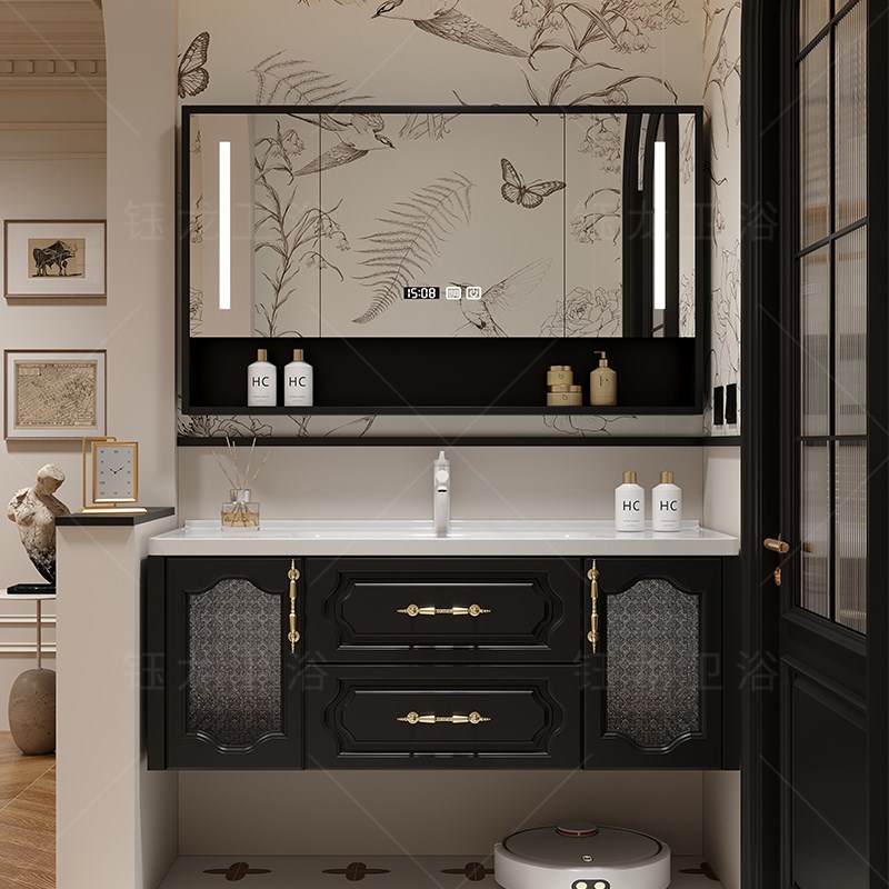 法式复古浴室柜组合陶瓷一体盆洗漱台卫生间O洗脸池岩板热弯洗手