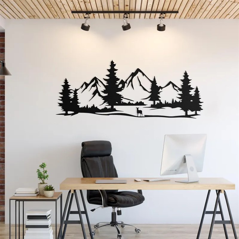 风景画 画铁艺挂件树林山脉鹿剪影客厅背景墙壁挂玄关V办公室墙面