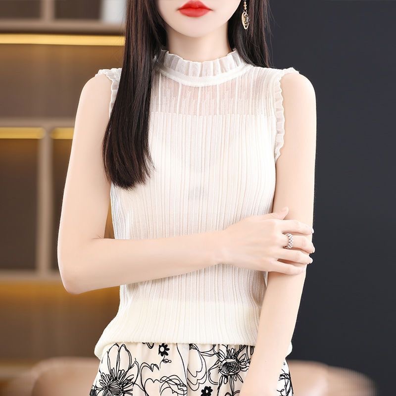 法式无袖花边领背心女羊毛半高领内搭西装白色上衣蕾丝针织打底