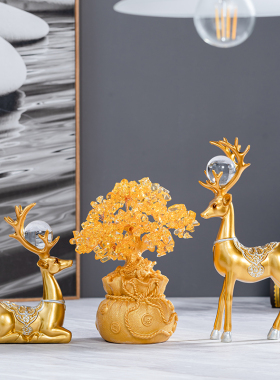 现代轻奢创意招财鹿摆件客厅酒柜电视柜装饰树脂工艺乔Z迁开业礼