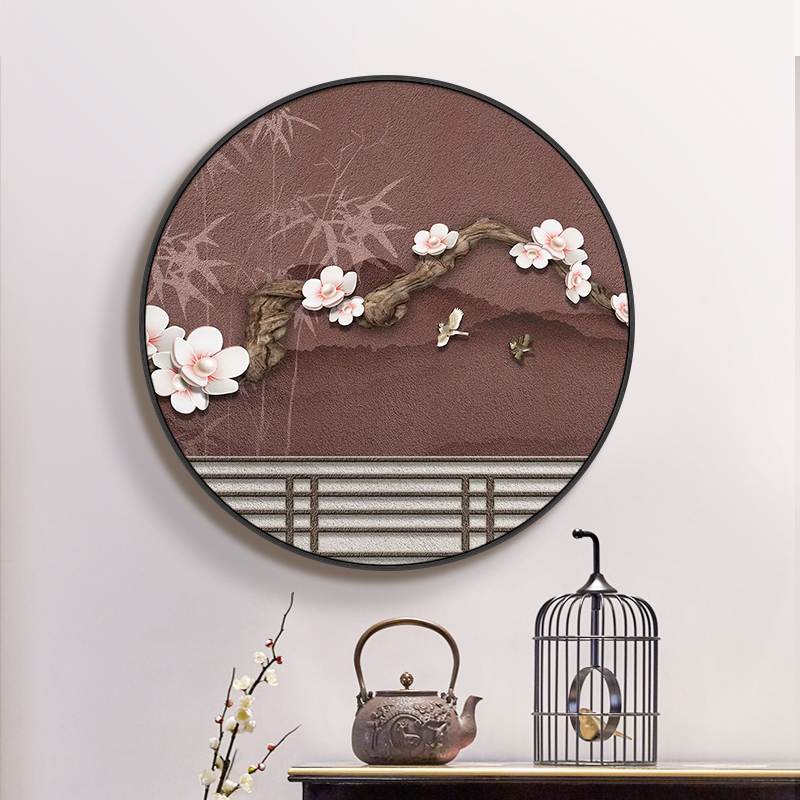 入户玄关装饰画h梅花新中式圆形挂画实木框茶室背景墙餐厅墙面壁图片