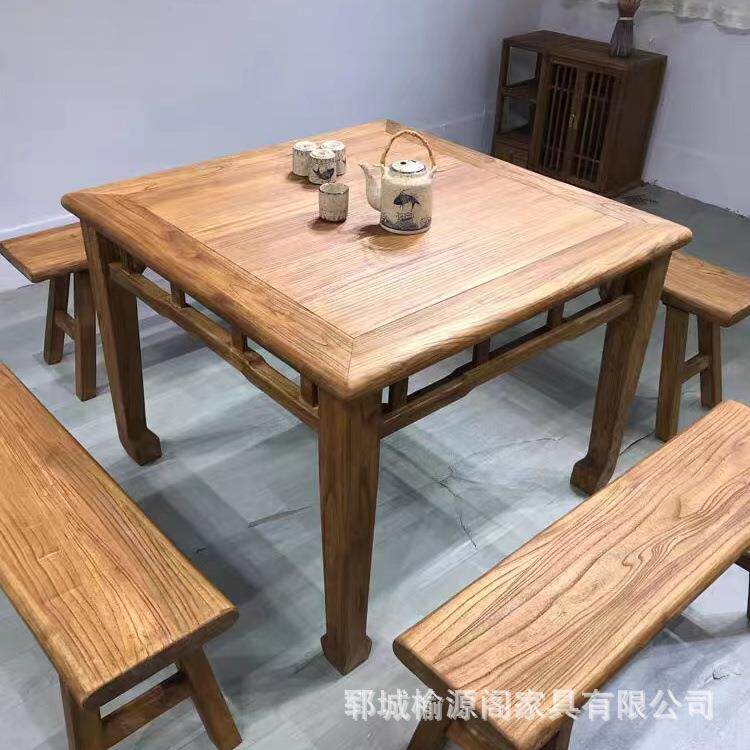 民宿仿古餐桌家用长条凳中式榆木方桌实木八仙桌风化老门板