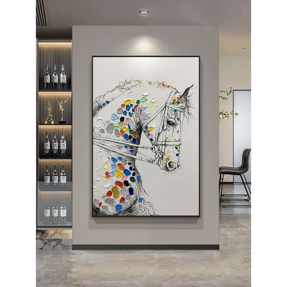 纯手绘油画动物马挂画新中式竖版书房玄关装饰画玄幻壁画大幅落地图片