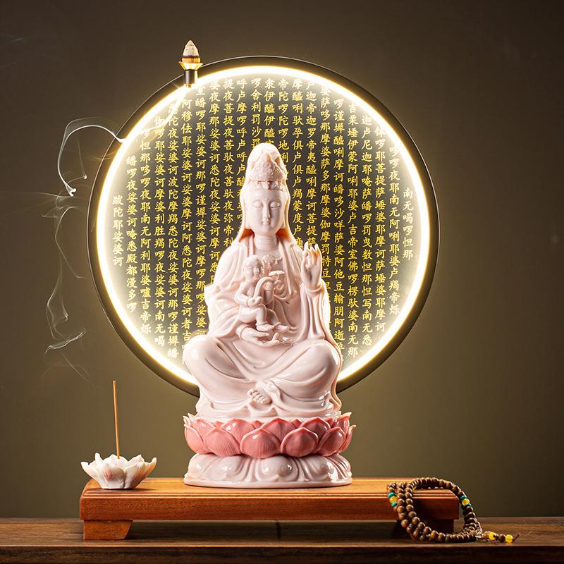 陶瓷送子观音娘娘佛像供奉家用神像坐莲求子大观世音菩萨像灯摆件