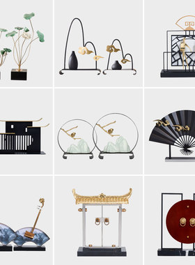 新中式禅意c轻奢摆设客厅酒柜玄关软装饰品样板间高端建筑扇子摆