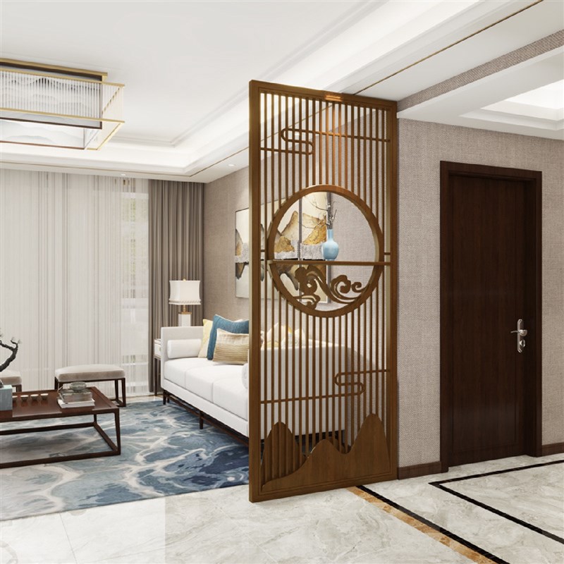 新中式祥云实木格栅屏风隔断客厅2024年新款入户玄关W山形镂空遮