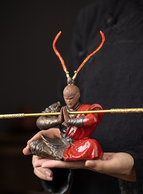 新中式美猴王陶瓷工艺品摆u件禅意家居客厅博古架摆设假山造景装