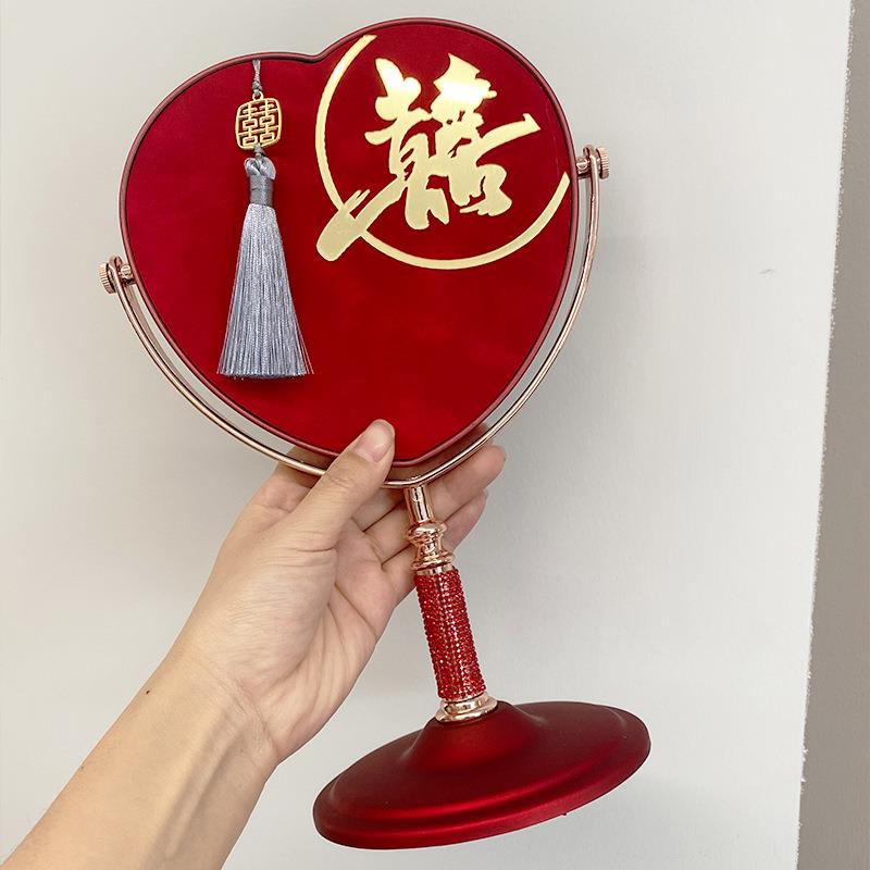 结婚红色镜子婚庆台式喜镜圆形立柱喜字镜子新娘用品大全新中式