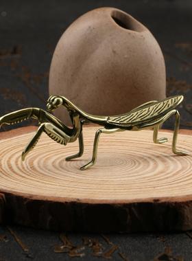 铜螳螂小摆件茶道铜茶宠实心铜昆虫仿古铜微雕古玩铜器铜艺小摆件