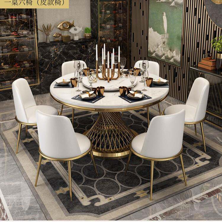 轻奢大理石餐桌现代简约圆桌椅组合6-10人位饭桌家用小户型带转盘