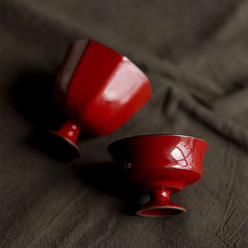陶瓷高足茶杯品茗杯国风赭红瓷器主人杯酒杯高脚杯单杯茶器