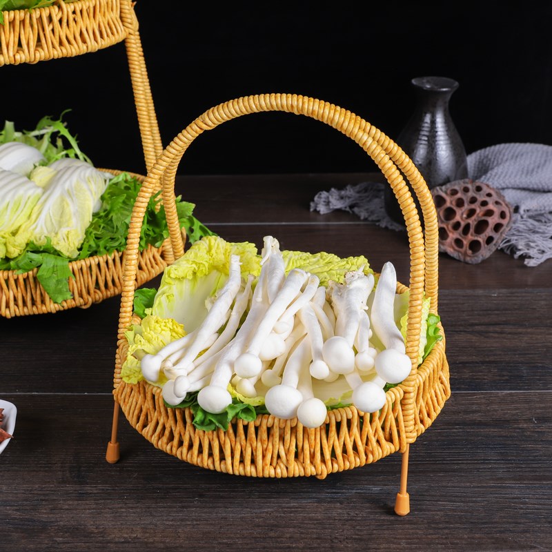 火锅店多层菜架子金针菇生菜配菜蔬菜盘藤编商T用素菜拼盘盘子