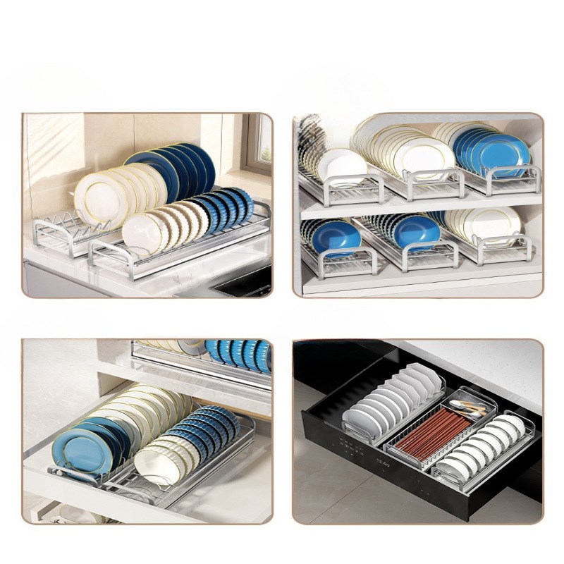 厨房抽屉收纳分隔内置橱柜内碗碟收纳架I不锈钢放盘子沥水碗架拉