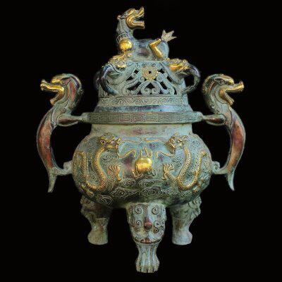 仿古纯铜二龙戏珠熏香炉摆件铜鎏金双龙香炉三足双龙耳貔貅大香炉
