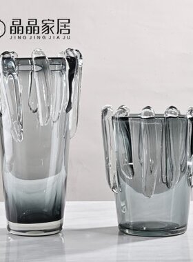 现代北欧新中式灰色客厅茶几餐桌插花玫瑰百合玻璃花瓶软装样板房