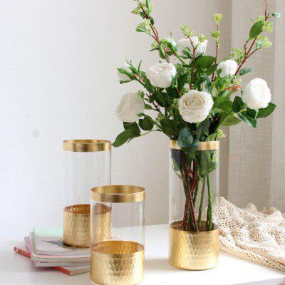 创意电镀磨刻金透明直筒圆柱形玻璃花瓶水培水养客厅花瓶摆件