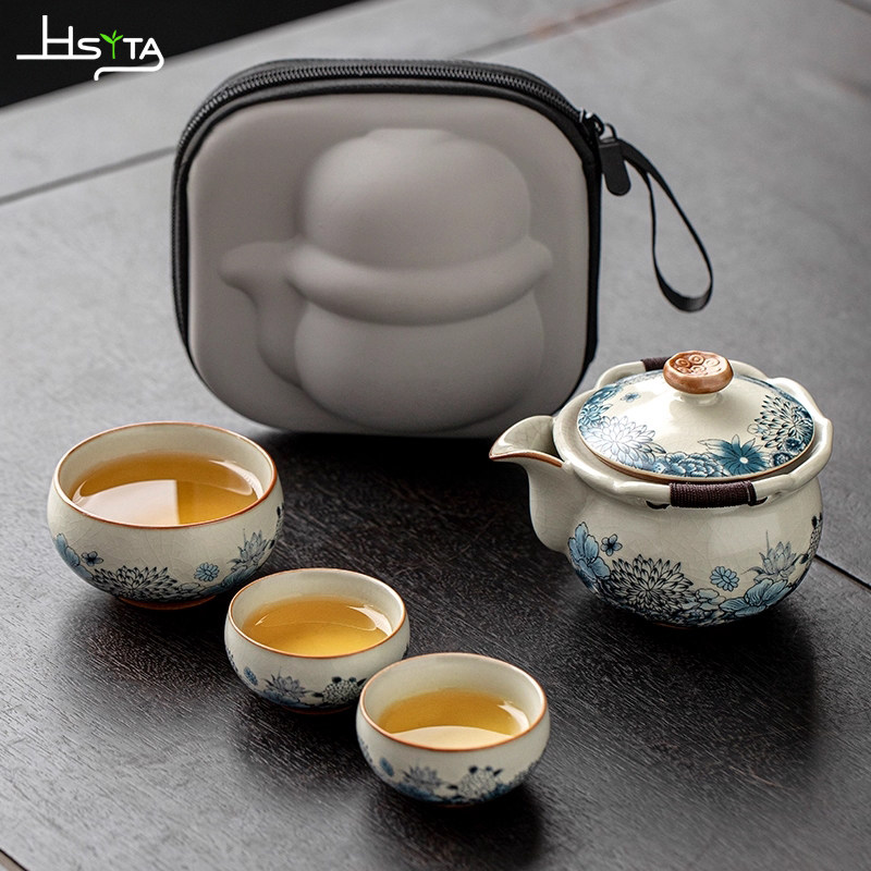 旅行茶具套装汝窑一壶三杯单人快客杯一人饮便携式功夫泡茶手抓壶