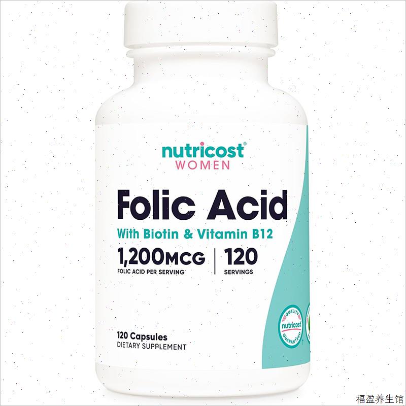 美国Nutricost Folic Acid含生物维生素和维生素 B12 的叶酸120^