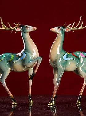 现代轻奢a铜彩艺术品九色铜麋鹿摆件新中式客厅玄关装饰品乔迁新