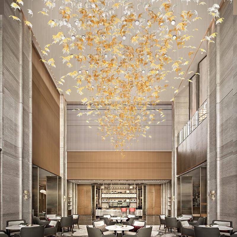 制作非标工程酒店大堂售楼部沙盘水晶枫叶扭叶楼梯大型吊灯创意
