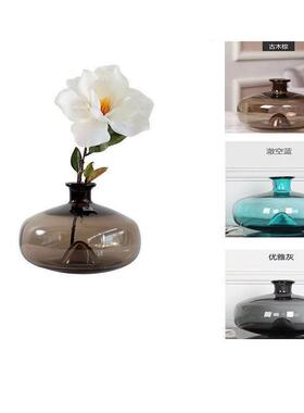 现代简约桌面 圆形彩色插花玻璃花瓶 客厅创意摆件扁圆花器 摆件