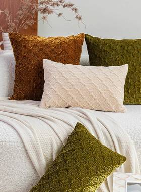 棕金色中古风立体绗缝靠垫抱枕套样板房客厅沙发方枕腰枕绿色米色