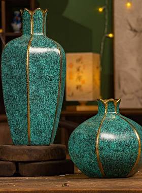 磨砂绿色镀金轻奢现代简约客厅创意插花摆件家居装饰品花艺摆设