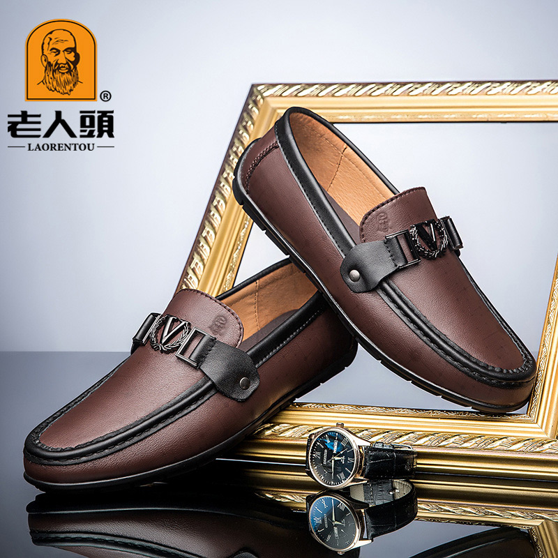 老人头休闲皮鞋一脚蹬头层牛皮