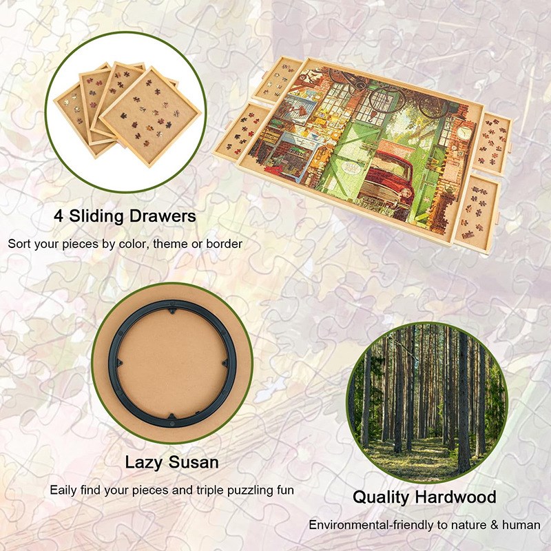 木质拼图桌拼图板1500片儿童便携式拼图收纳板旋转四抽拼图分类桌