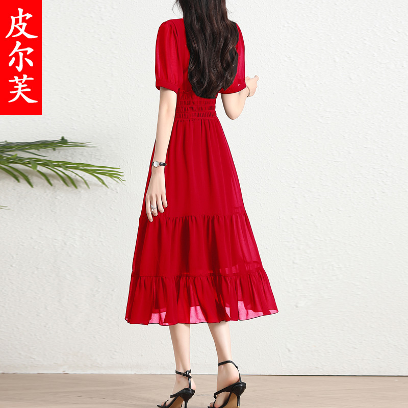 雪纺连衣裙女夏季2024年新款小个子高端气质减龄显瘦收腰长款裙子