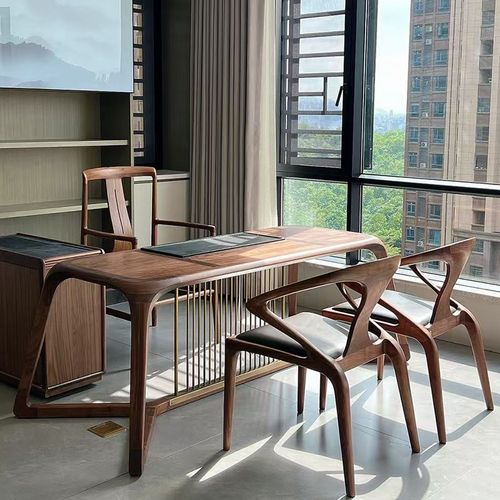 新中式实木茶桌定制办公室黑胡桃木茶艺桌家用茶室书房两用茶台