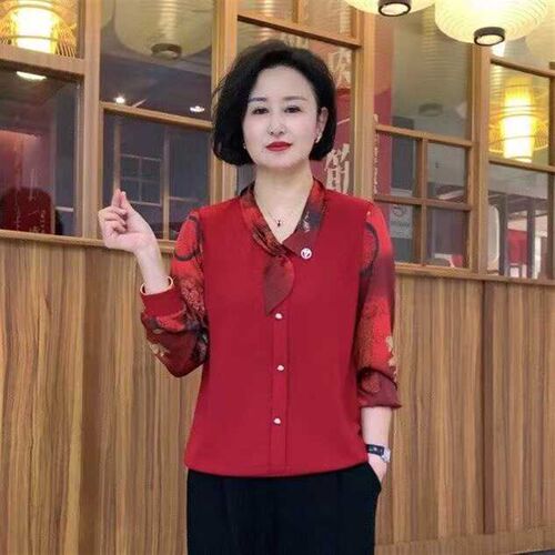 中老年妈妈长袖T恤春装上衣打底衫女5060岁婆婆T恤衫弹力女装时尚