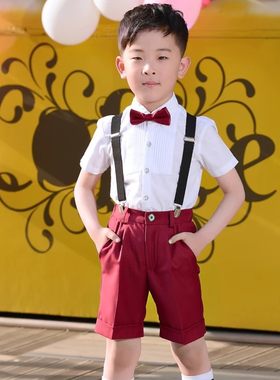男童红色西裤夏中裤背带迷彩儿童西装短裤吊带裤演出学生主持礼服