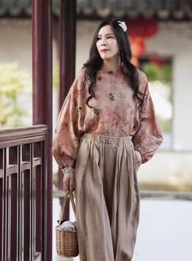 18261小莲~砂洗亚麻休闲长裤松紧腰一粒扣老爹裤宽松大版哈伦裤女