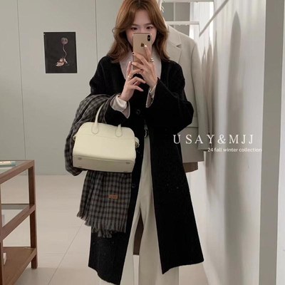 韩系高级感中长款格子羊绒大衣女2024冬单排扣显瘦翻领羊毛呢外套