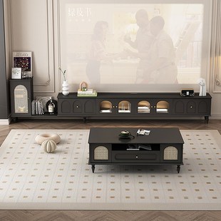 意式轻奢l型电视柜客厅家用复古藤编放电视机的柜子地柜2025新款