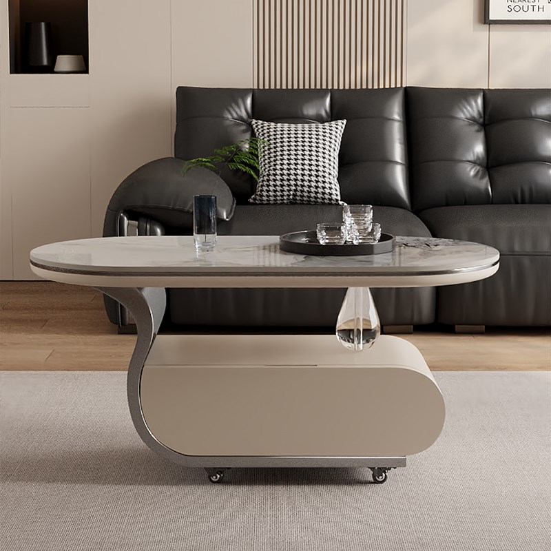 可移动茶几带轮小推车沙发旁椭圆岩板边几小户型客厅家用意式极简