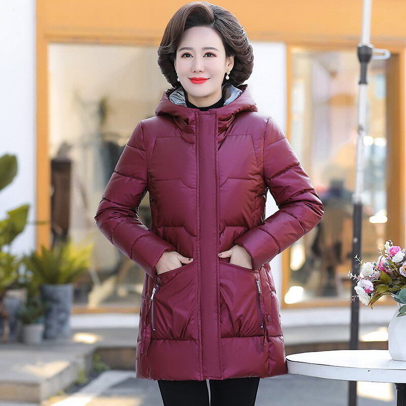 中年妈妈亮面免洗羽绒服2021新款中老年女冬装加厚棉衣中长款洋气