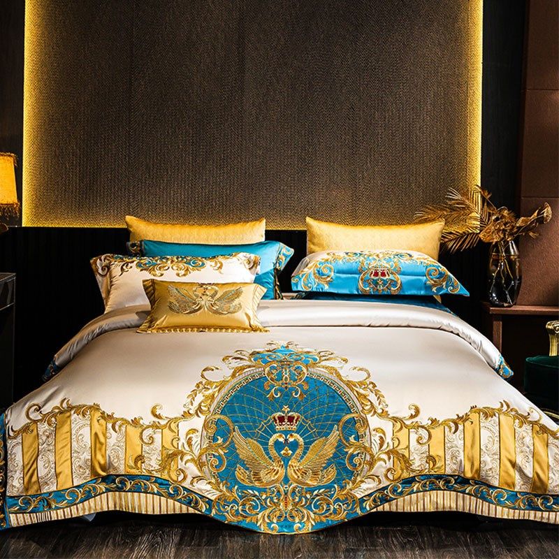 欧式奢华床上用品婚庆四件套大气金色结婚六八十件套新婚床单被套