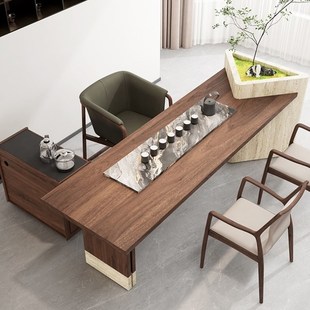 新中式禅意实木茶桌天然洞石岛台泡茶台个性盆景茶室家用客厅茶台