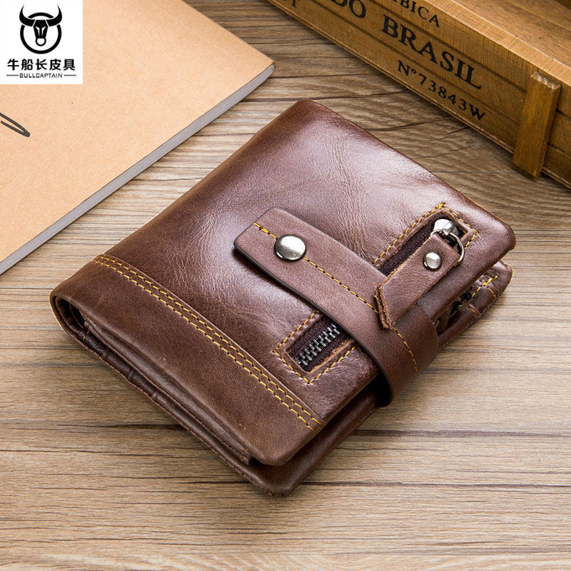 牛船长青年真皮钱包男竖款搭扣牛皮短款多功能软皮零钱折叠钱夹