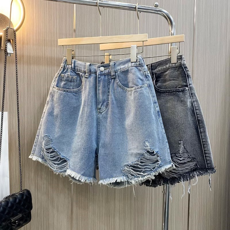 特大码胖mm水洗破洞A字阔腿牛仔裤女梨形身材宽松显瘦高腰短裤子