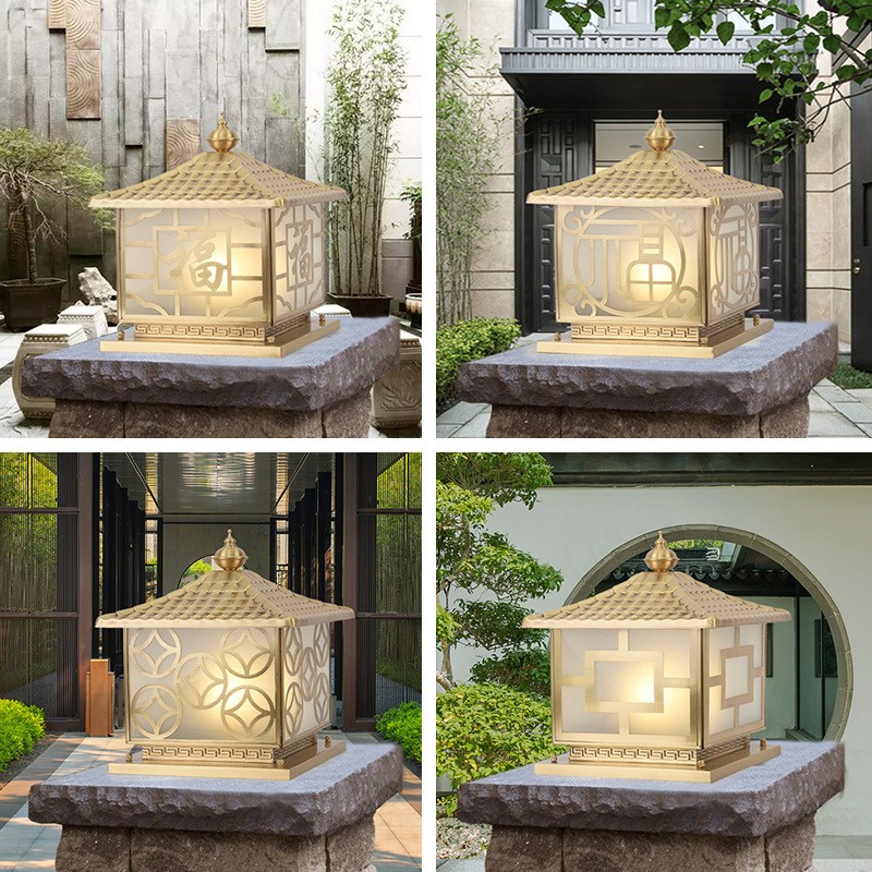 围墙柱头灯中式方形花园别墅家用柱子灯户外防水庭院灯门柱灯全铜