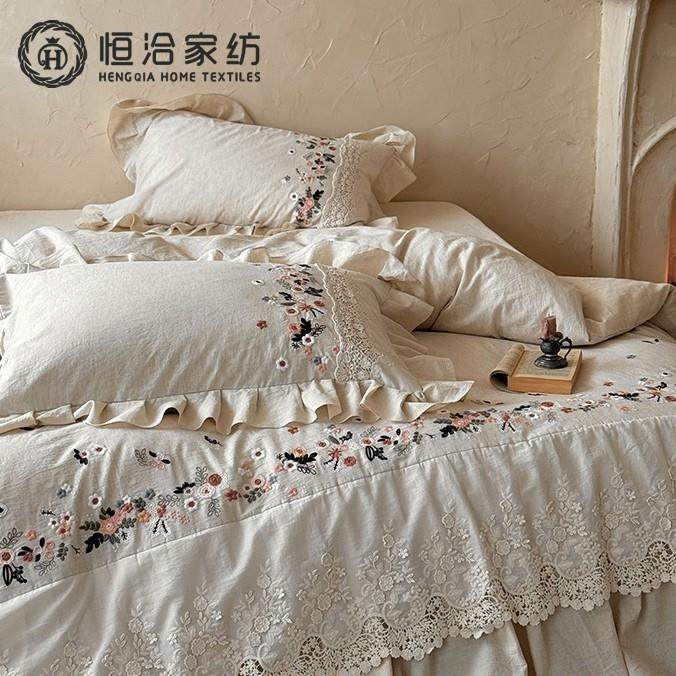 复古风超柔亚麻棉麻四件套唯美花卉刺绣法式花边被套床单床上用品,电子元器件市场,其它元器件,淘宝优惠券,粉丝福利购,淘宝优惠卷
