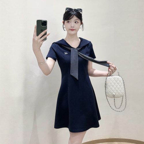 海军领条纹披肩收腰显瘦连衣裙女