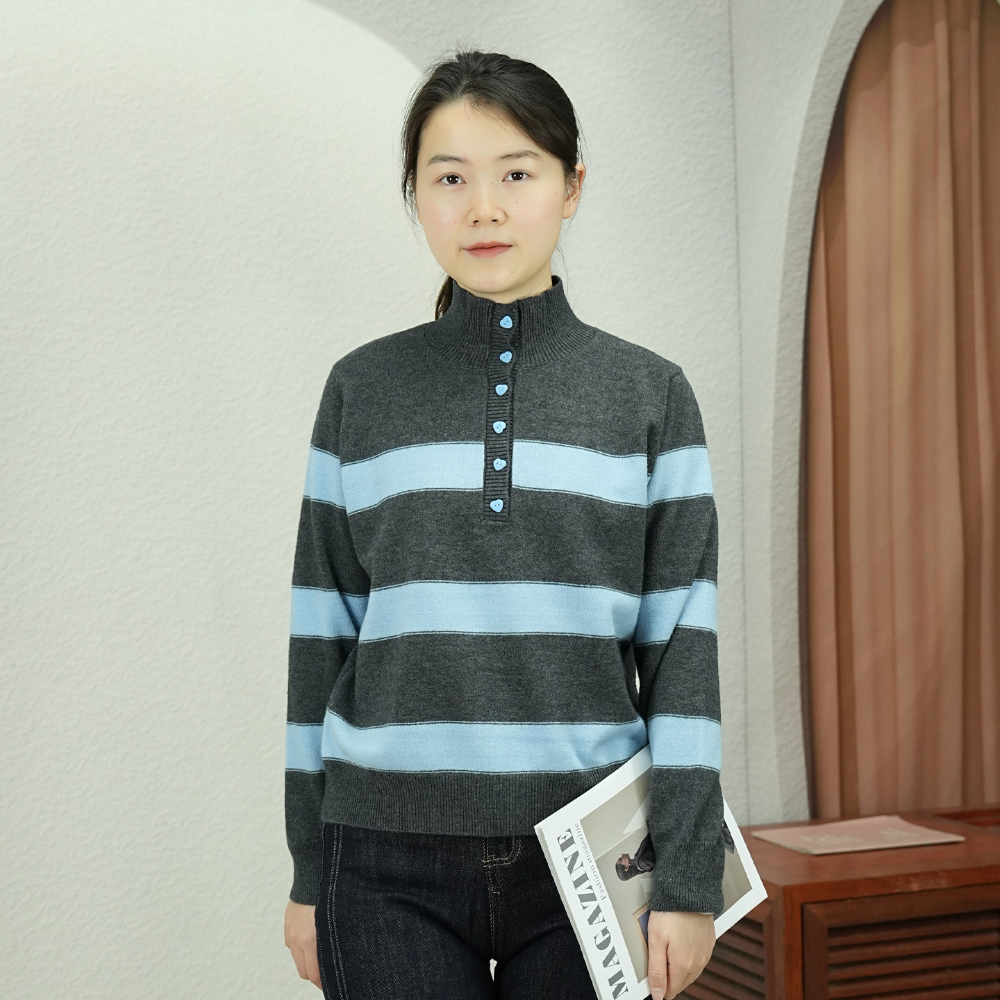 韩式休闲风半高领条纹撞色毛衣女2025冬季新款百搭显瘦针织衫上衣,女装/女士精品,毛衣,淘宝优惠券,粉丝福利购,淘宝优惠卷