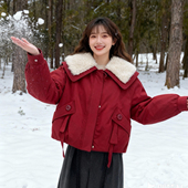 2025新款 红色羊羔毛领派克服女加绒保暖宽松娃娃领减龄外套潮冬季