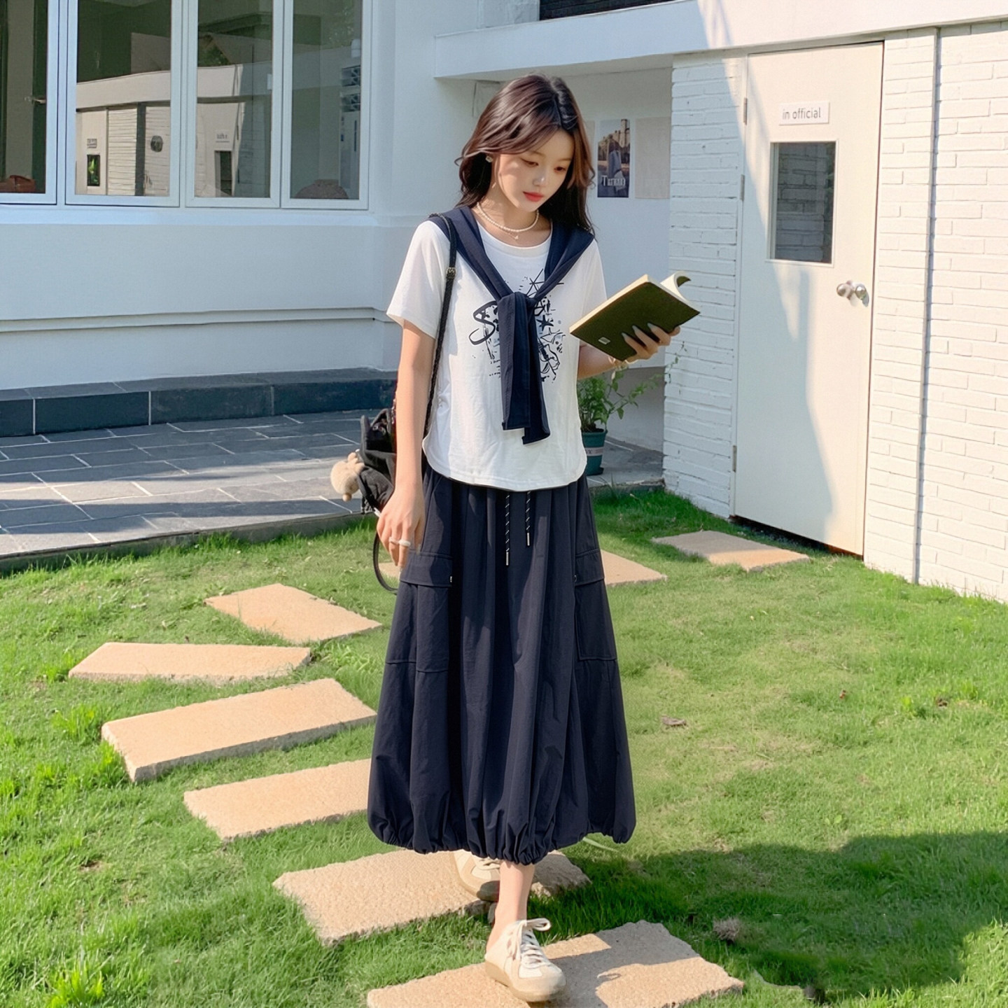 柔和工装风披肩短款T恤短袖学院风花苞中长裙三件套装女2026夏季